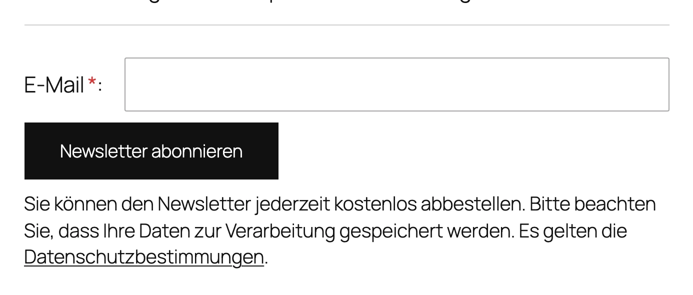 Kurzes Anmeldeformular mit E-Mail-Feld und Knopf Newsletter abonnieren unter einem Beitrag