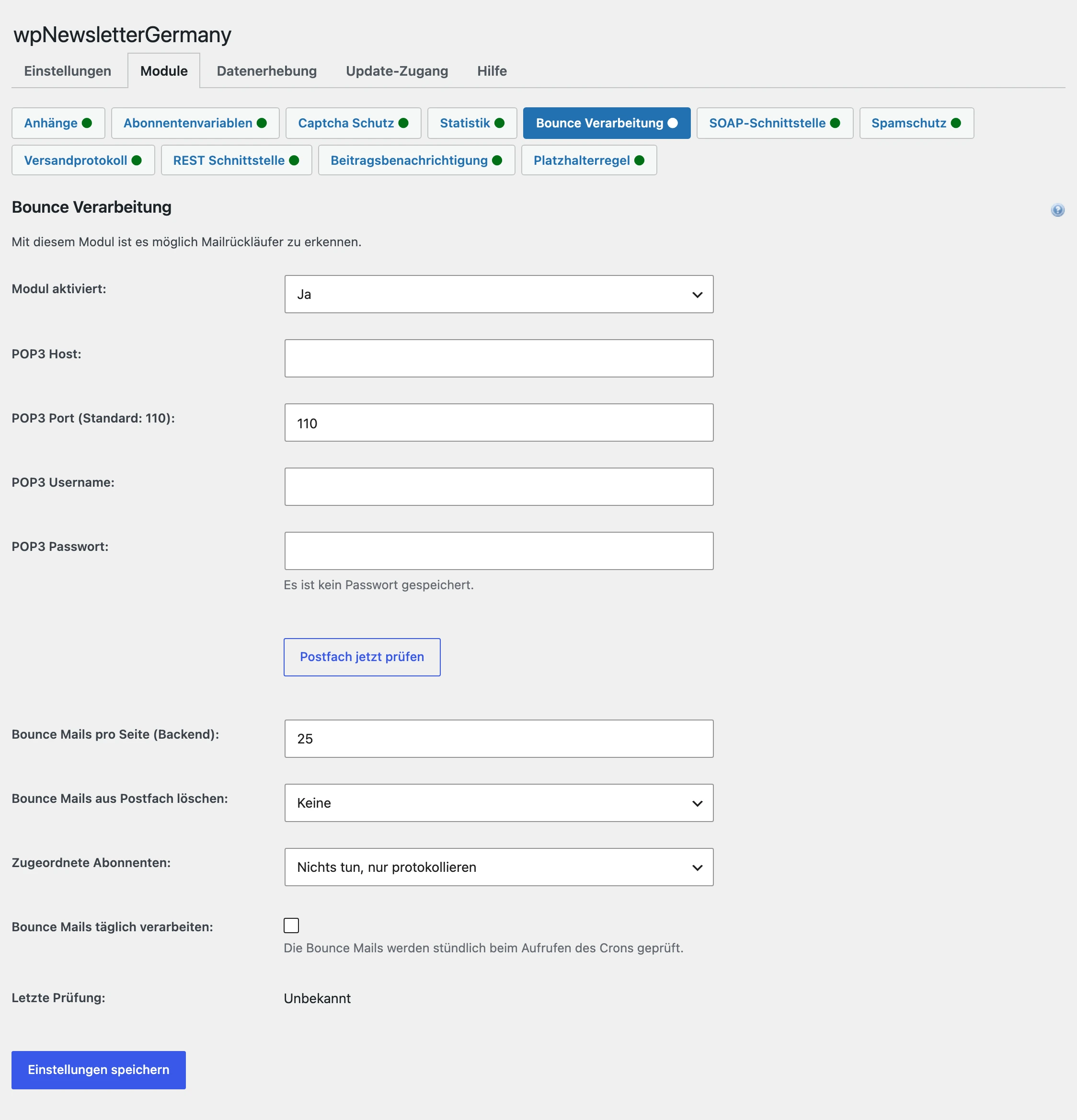 Einstellungen des Bounce-Moduls mit Postfach, Abruf und Umgang mit unzustellbaren Adressen